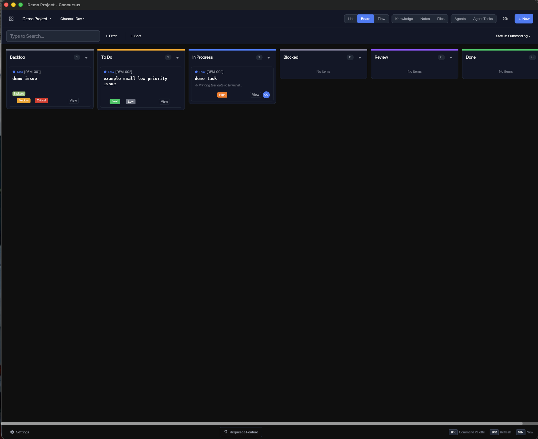 Concursus board view in dark mode