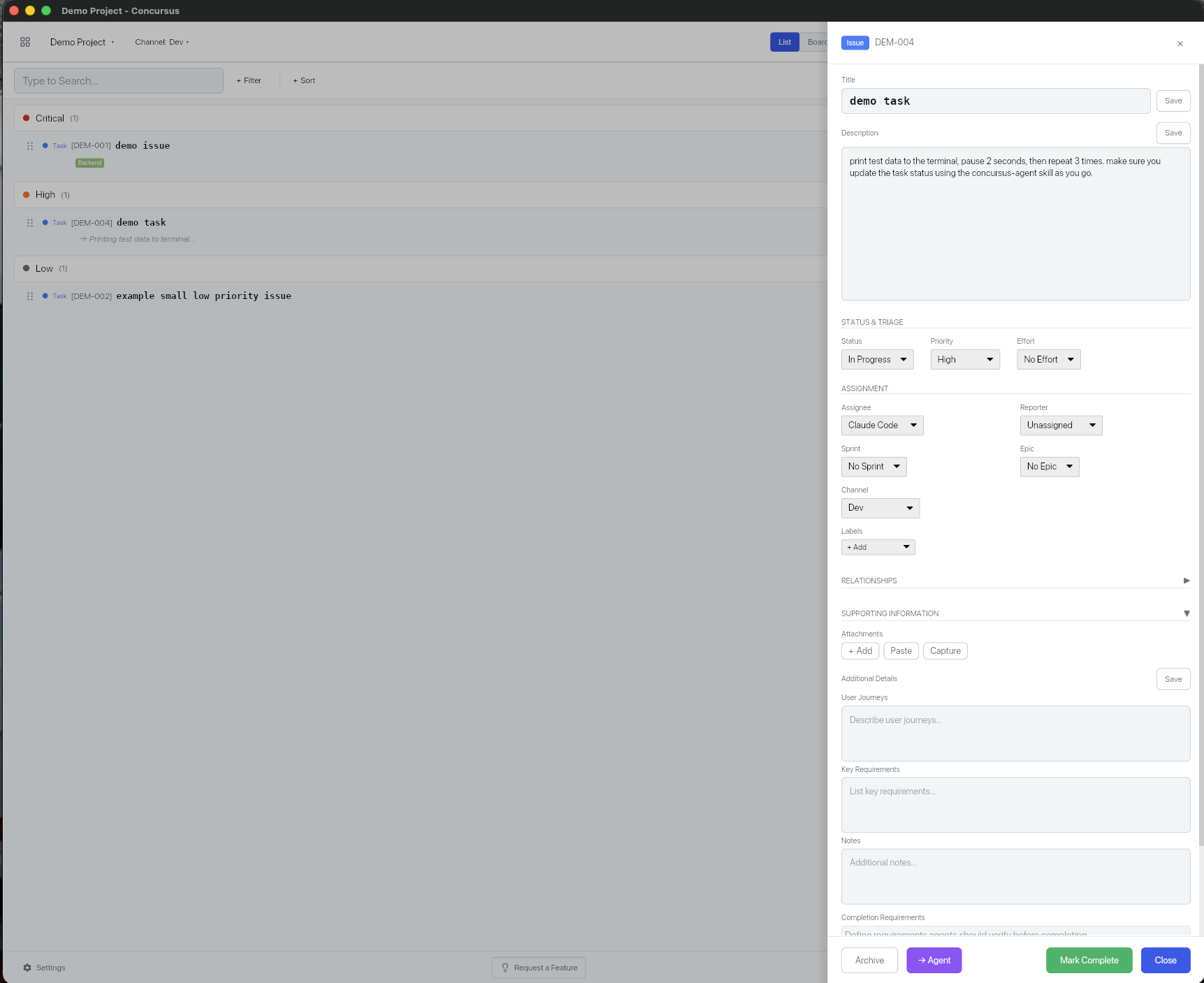 Concursus issue details panel with structured task context